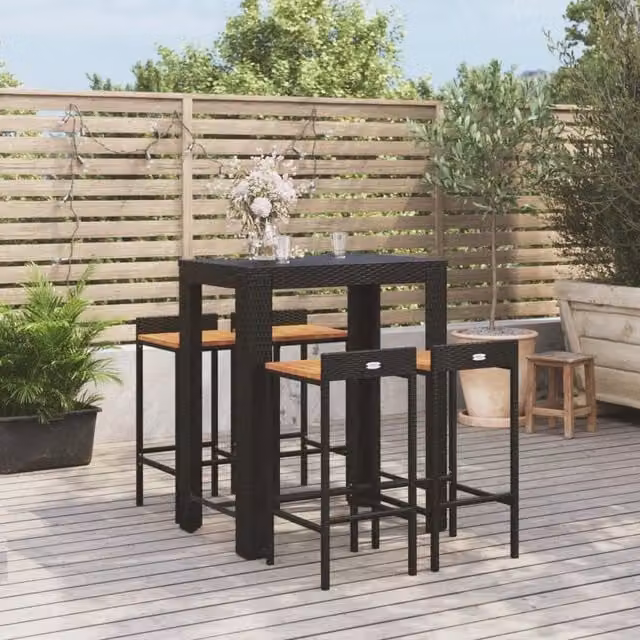Berkfield Home 5 Piece Garden Bar Set in Black Poly Rattan and Solid Acacia Wood