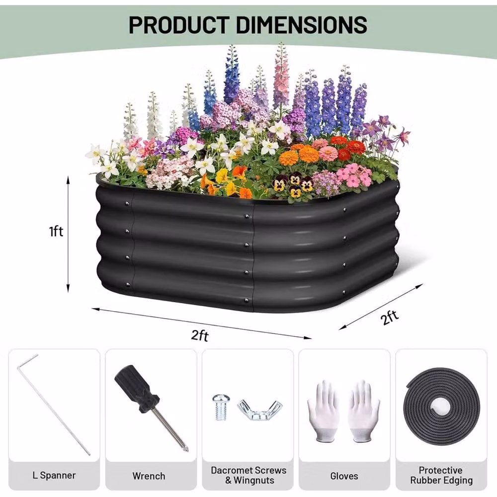 VOGREX Pack of 2 Black Galvanised Steel Square Raised Garden Beds W/D/H: 60.96 x 60.96 x 30.48 cm – 2
