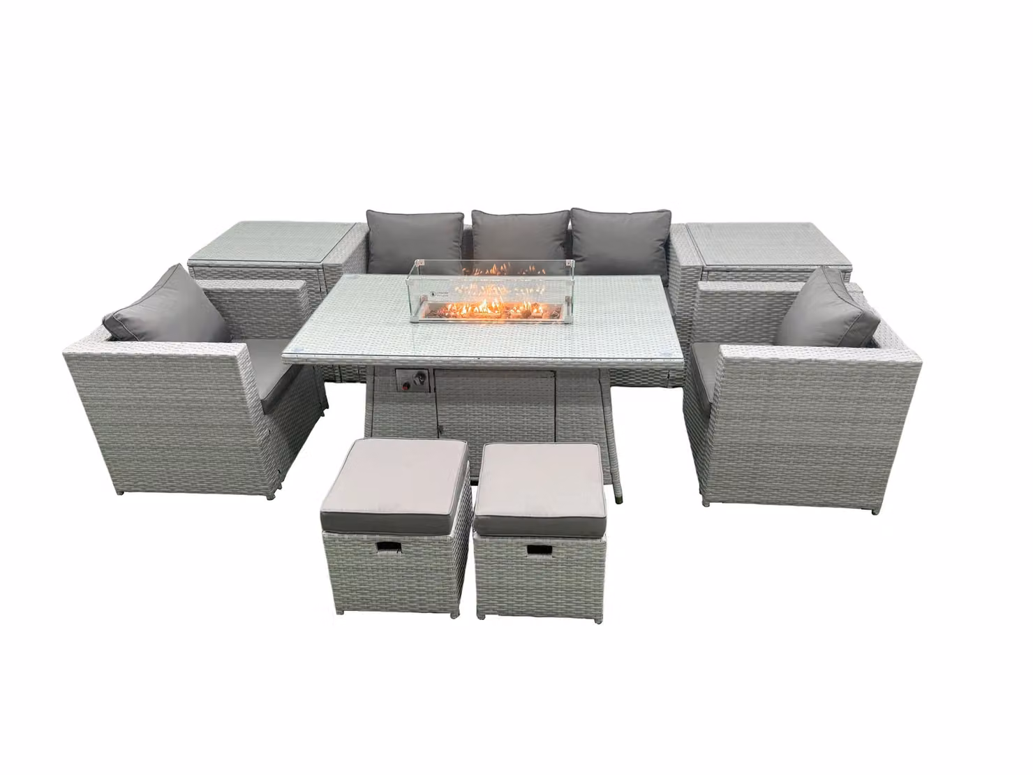 Fimous Rattan Garden Furniture Set with Gas Fire Pit, 3-Seater Sofa, Ottoman and 2 Side Tables in Light Grey – 2