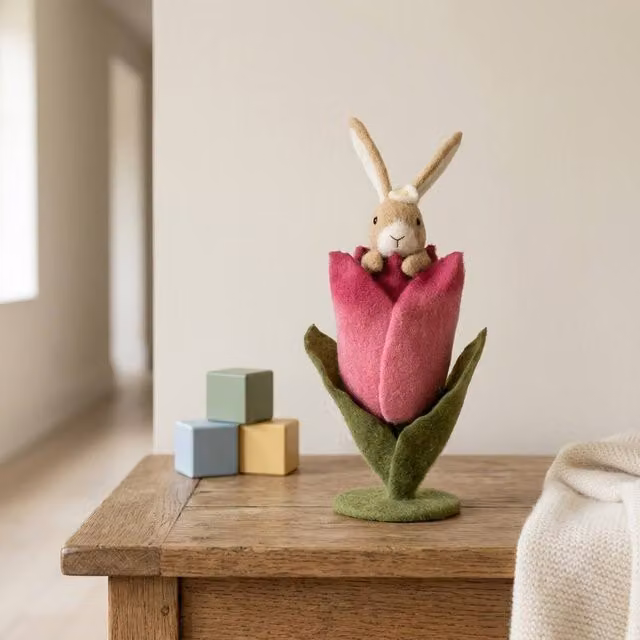 Garden Greatness Pink Tulip Head Felt Rabbit Tabletop Decoration