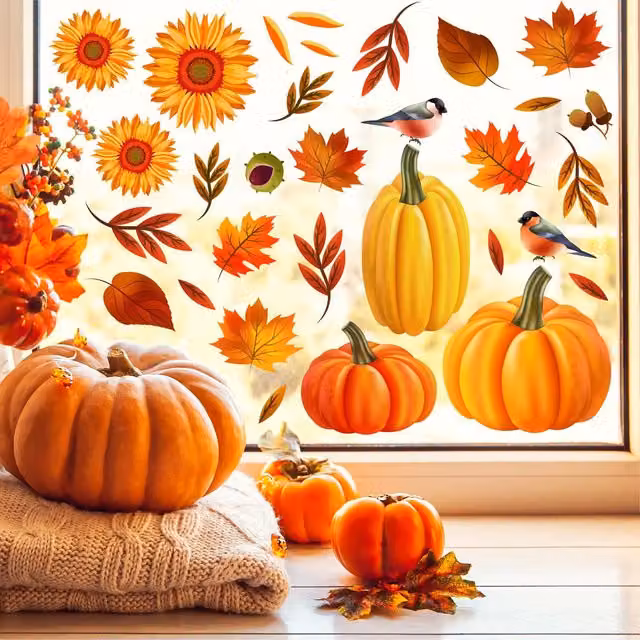WALPLUS Autumn Glow in the Dark Pumpkin Window Clings, Multicoloured and Black