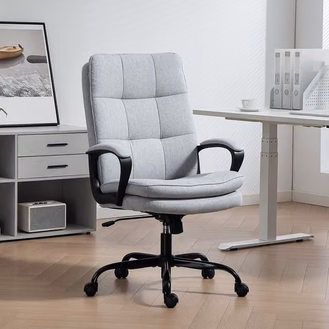 HOMCOM Light Grey Fabric Office Task Chair with Armrests and 360 Degree Swivel – 1