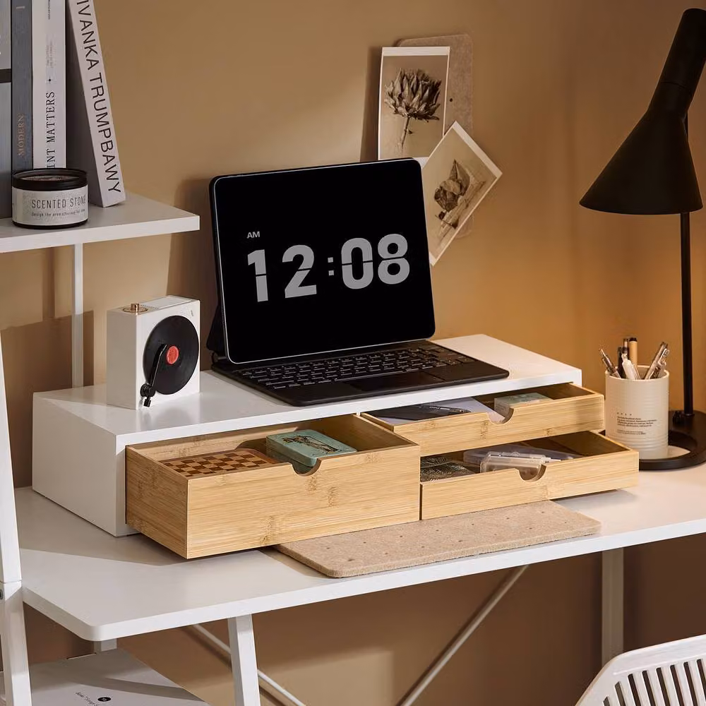 SoBuy Monitor Stand with 3 Drawers and Bamboo Front in White – 6