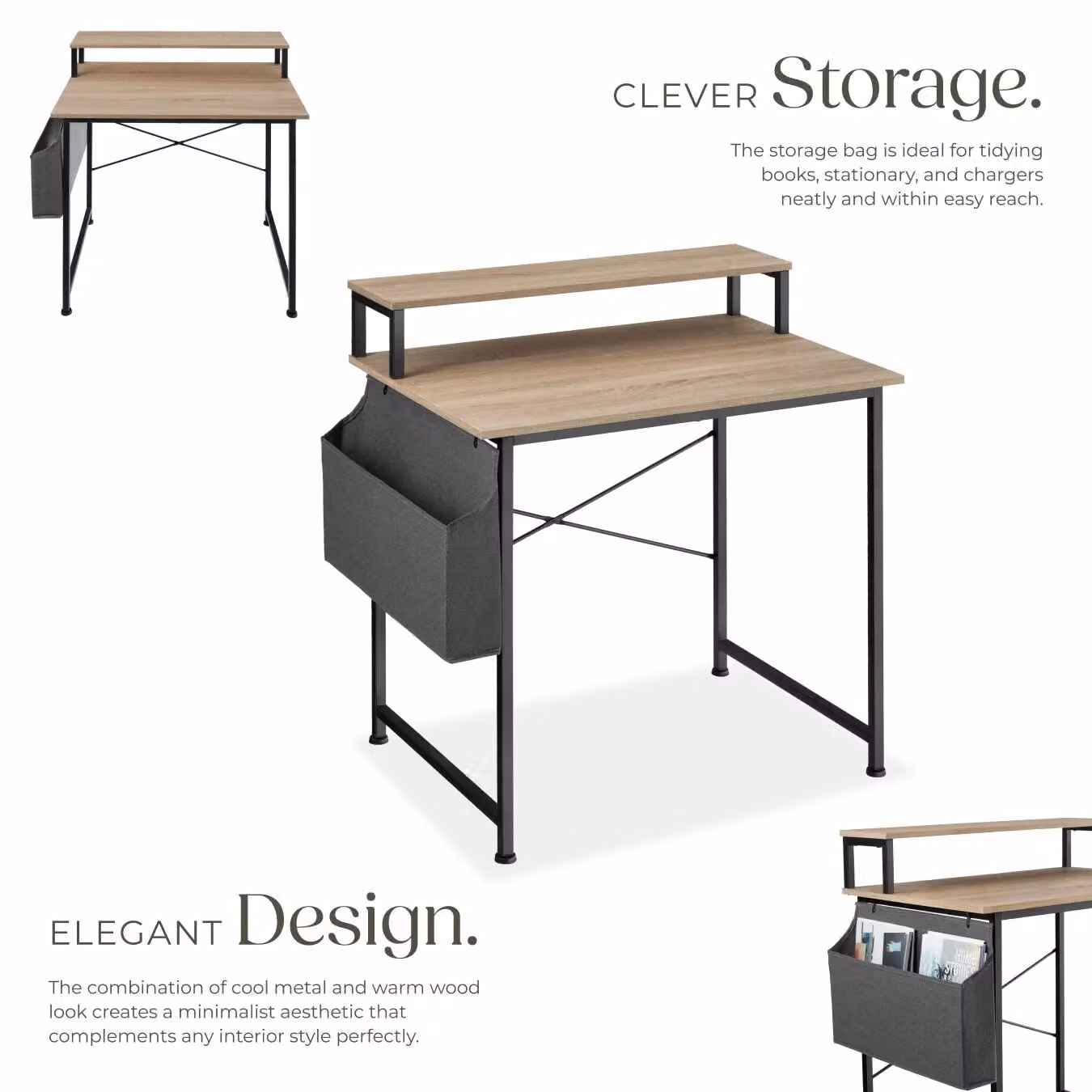 tectake Industrial Computer Desk with Shelving and Fabric Storage Bag in Light Oak – 3