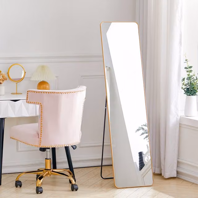 Livingandhome Modern Rectangular Full Length Mirror in Gold for Standing or Hanging