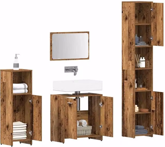Berkfield Home 4 Piece Rustic Brown Bathroom Furniture Set with Vanity Unit, Mirror Cabinet, Wall Cabinet and Tall Cabinet – 1