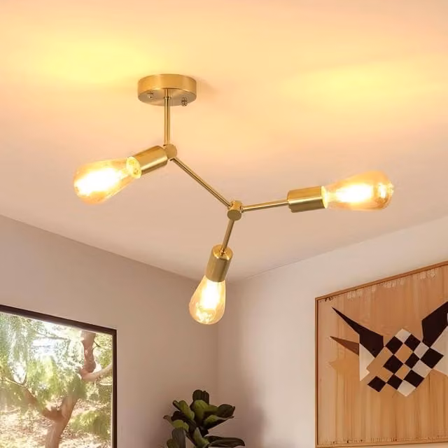COMELY Gold 3-Light Semi Flush Mount Ceiling Light with E27 Socket
