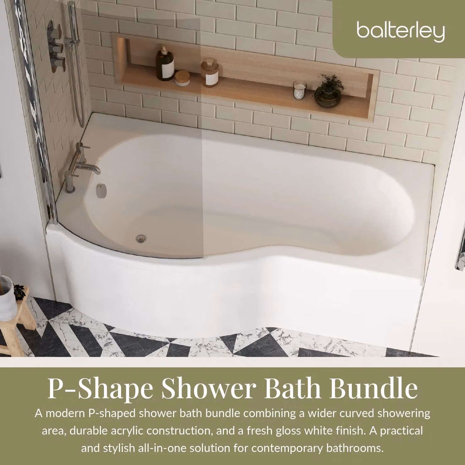 Balterley Asymmetric P Shape Square Shower Bath Screen and Front Panel, White, W: 170 cm, H: 70 cm, D: 6 cm – 2