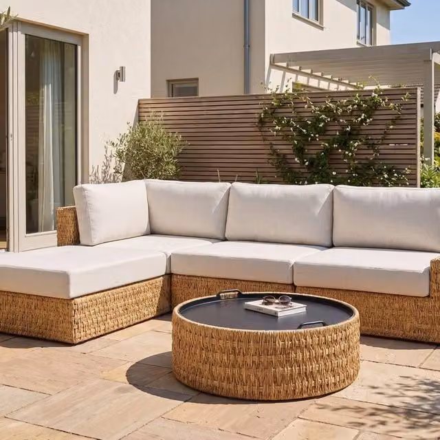 Wyld and Coco 4-Seater Corner Sofa Set in Beige PE Rattan with Natural Tray – 1