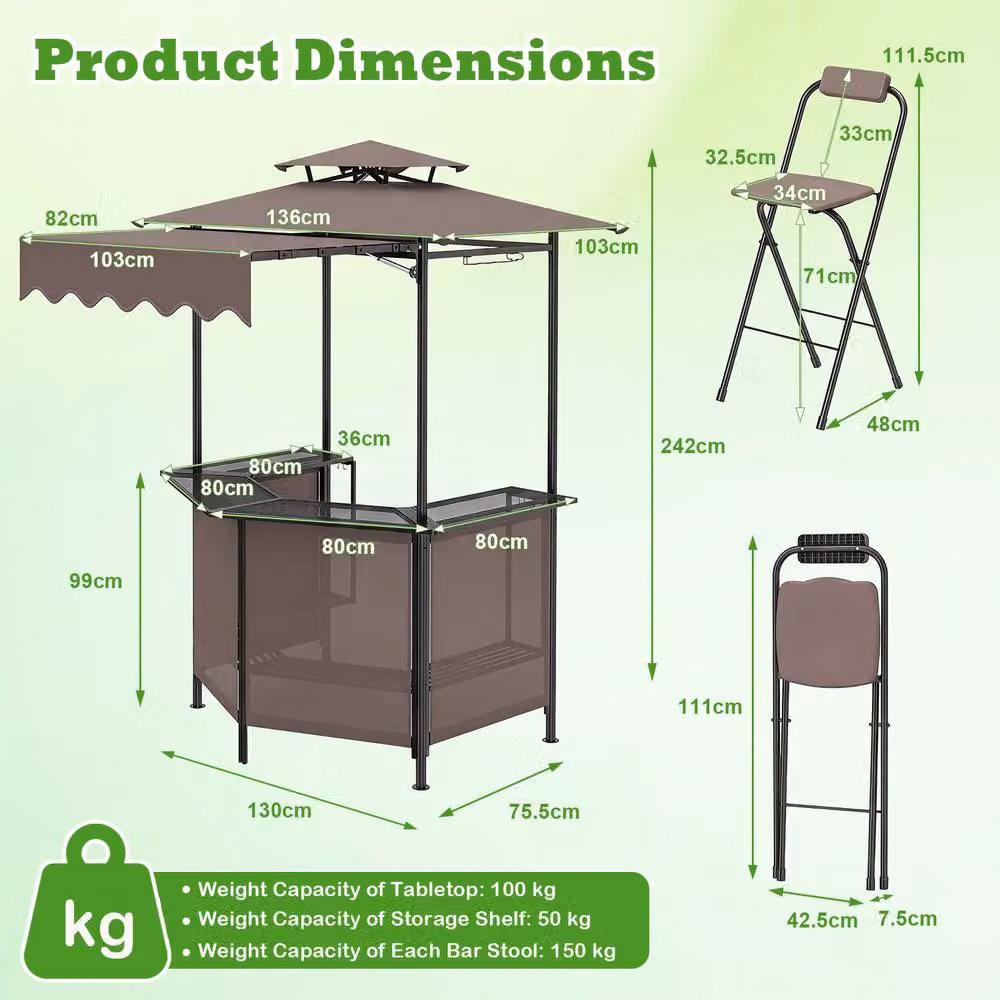 Gymax Outdoor Bar Set with Grill Gazebo, Bar Table and 2 Folding Bar Stools in Brown – 2
