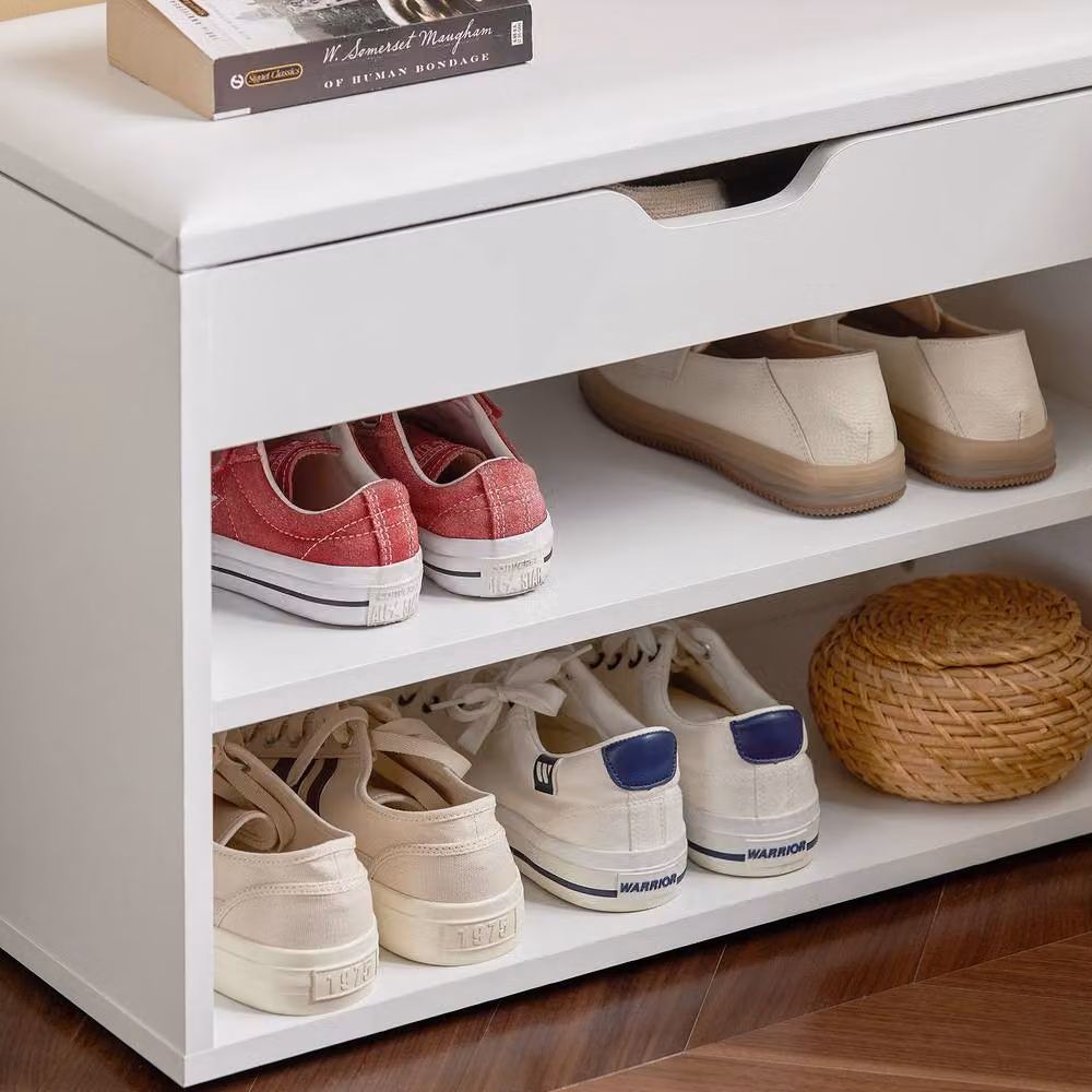 SoBuy Slim Shoe Bench with Padded Seat and Shoe Rack in White, W: 60 cm, D: 15 cm – 4