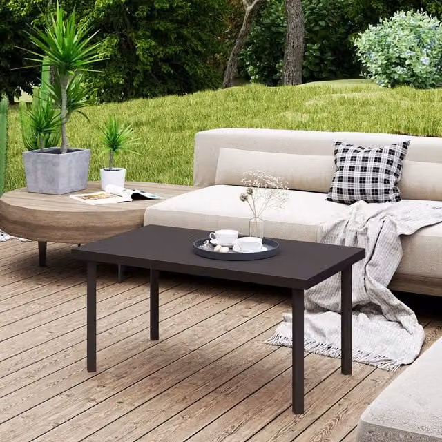 Outsunny Metal Garden Coffee Table with Woodgrain Tabletop, Brown, W: 55.0 cm, D: 55.0 cm, H: 45.0 cm