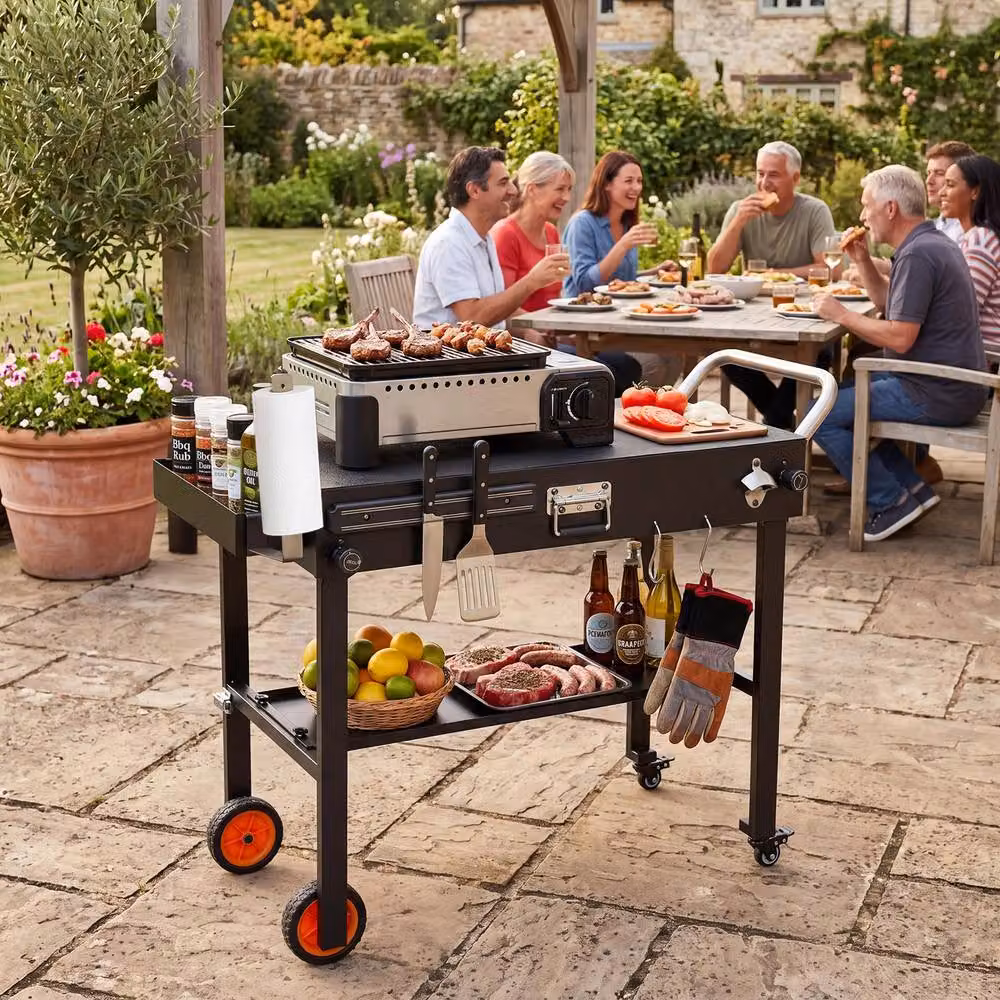 Costway Folding BBQ Prep Table Rolling Grill Cart with Heat-Resistant Mat in Black – 4