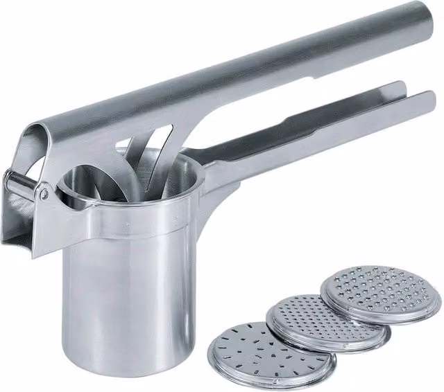 Gefu Tri Star Professional Potato Press with Interchangeable Discs in Silver Stainless Steel – 1