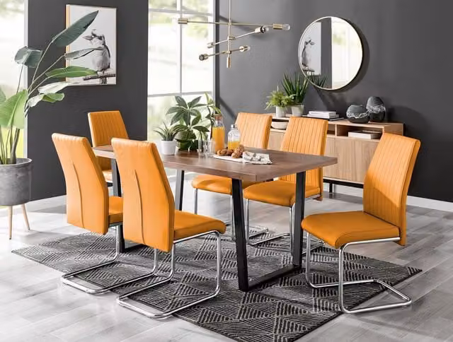 FurnitureboxUK Kylo Large Brown Wood Effect Dining Table and 6 Lorenzo Mustard Faux Leather Chairs – 1