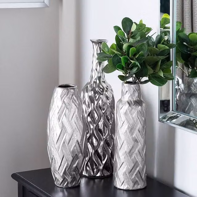 Wyld and Coco Silverstone Stoneware Bottle Vase, Silver, Height: 33 cm