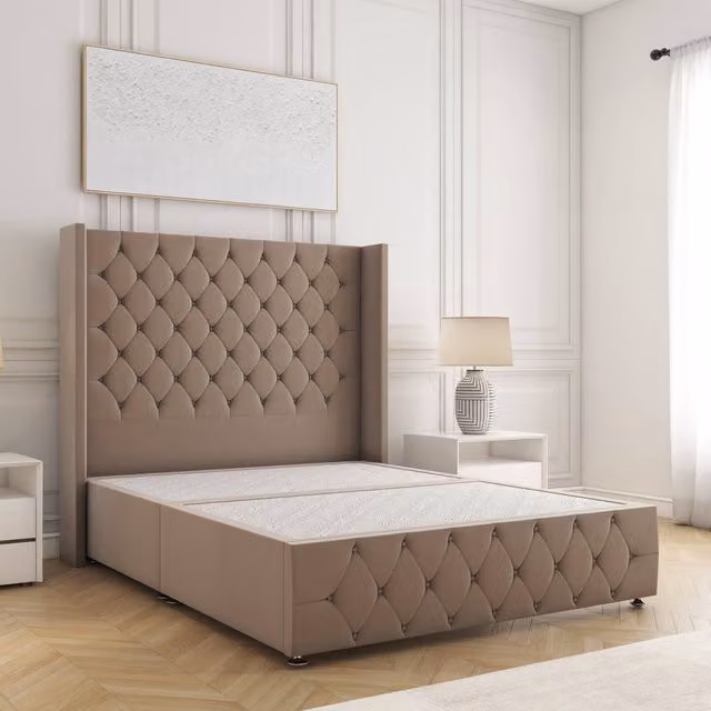 BSSPOKE Ruby Double Divan Bed with 54 inch Plush Velvet Chesterfield Headboard in Bronze