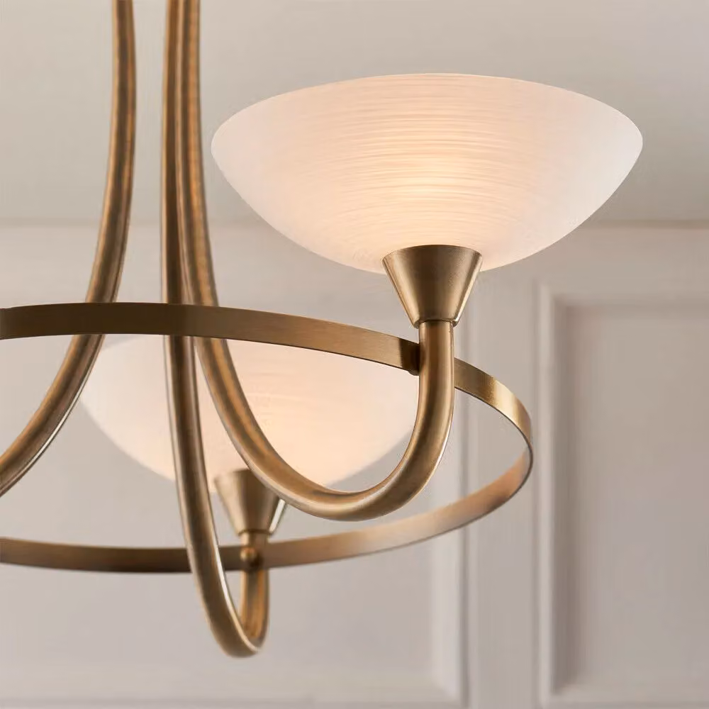 Loops Semi Flush Ceiling Light in Antique Brass and White with 3 Bulbs – 2