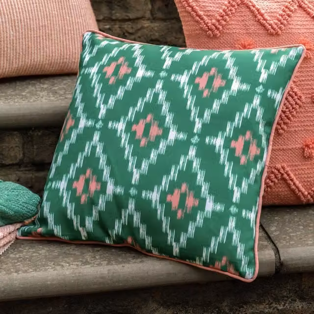 Terrys Graphic Square Polyester Outdoor Filled Cushion in Green, Pink and White, W/D/H: 45 x 45 x 45 cm