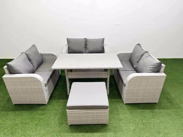 Fimous 7 Seater PE Wicker Rattan Garden Furniture Set with Rectangular Dining Table, 2 Seater Love Sofa and Large Footstool in Light Grey