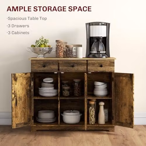 HOMCOM Modern Sideboard Storage Cabinet with 3 Doors and 3 Drawers in Rustic Brown – 4
