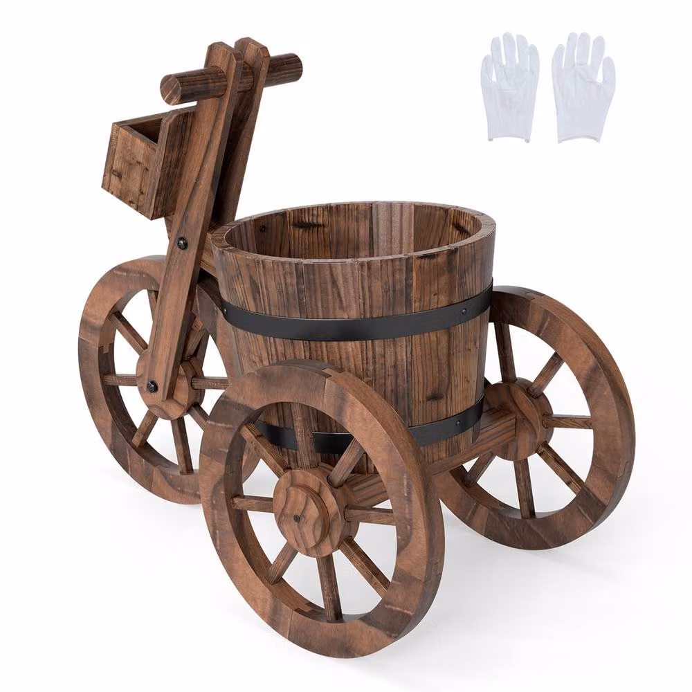Costway Barrel Tricycle Wooden Planter with Wheels and Drainage Hole, Brown, W: 54.0 cm, D: 29.0 cm, H: 44.0 cm – 3