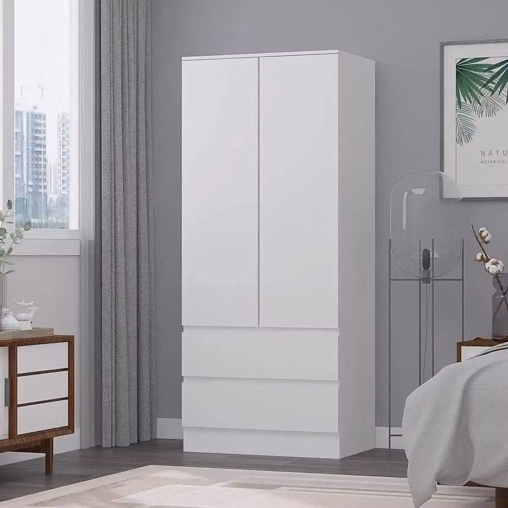 FLAVORA Modern Matt White 2 Door 2 Drawer Wardrobe with Soft Close Hinges W: 100 cm, H: 100 cm – 2