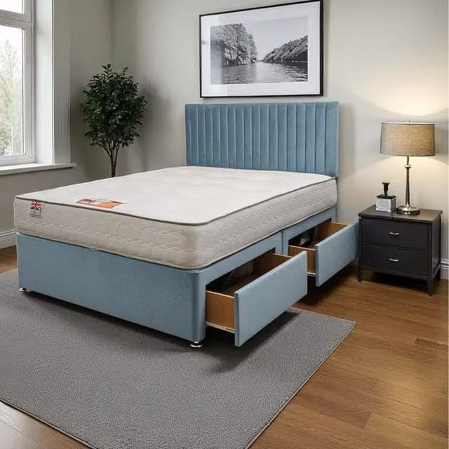 Knight Sleep Emily Plush Bed Set with Hybrid Mattress and Headboard, Blue/Grey, W/D/H: 180 x 200 cm