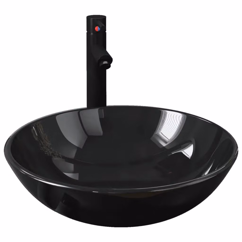 Berkfield Home Round Black Tempered Glass Countertop Bathroom Sink with Tap and Push Drain – 2