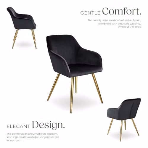 tectake Set of 6 Velvet Dining Chairs with Armrests and Gold Steel Legs, Black/Gold – 5