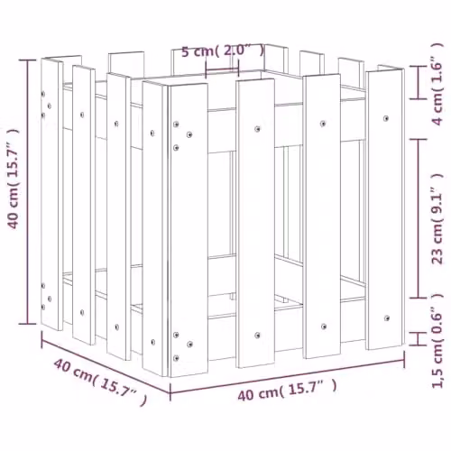 vidaXL Garden Planter with Fence Design in Black Solid Wood, W/D/H: 40 x 40 x 40 cm – 3