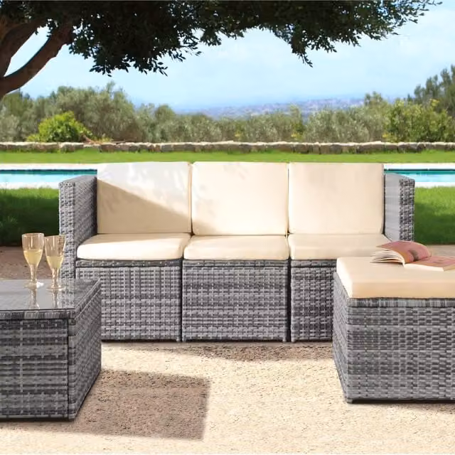 Comfy Living 3-Piece Modern Grey Rattan Garden Patio Furniture Set with Metal and Glass Details