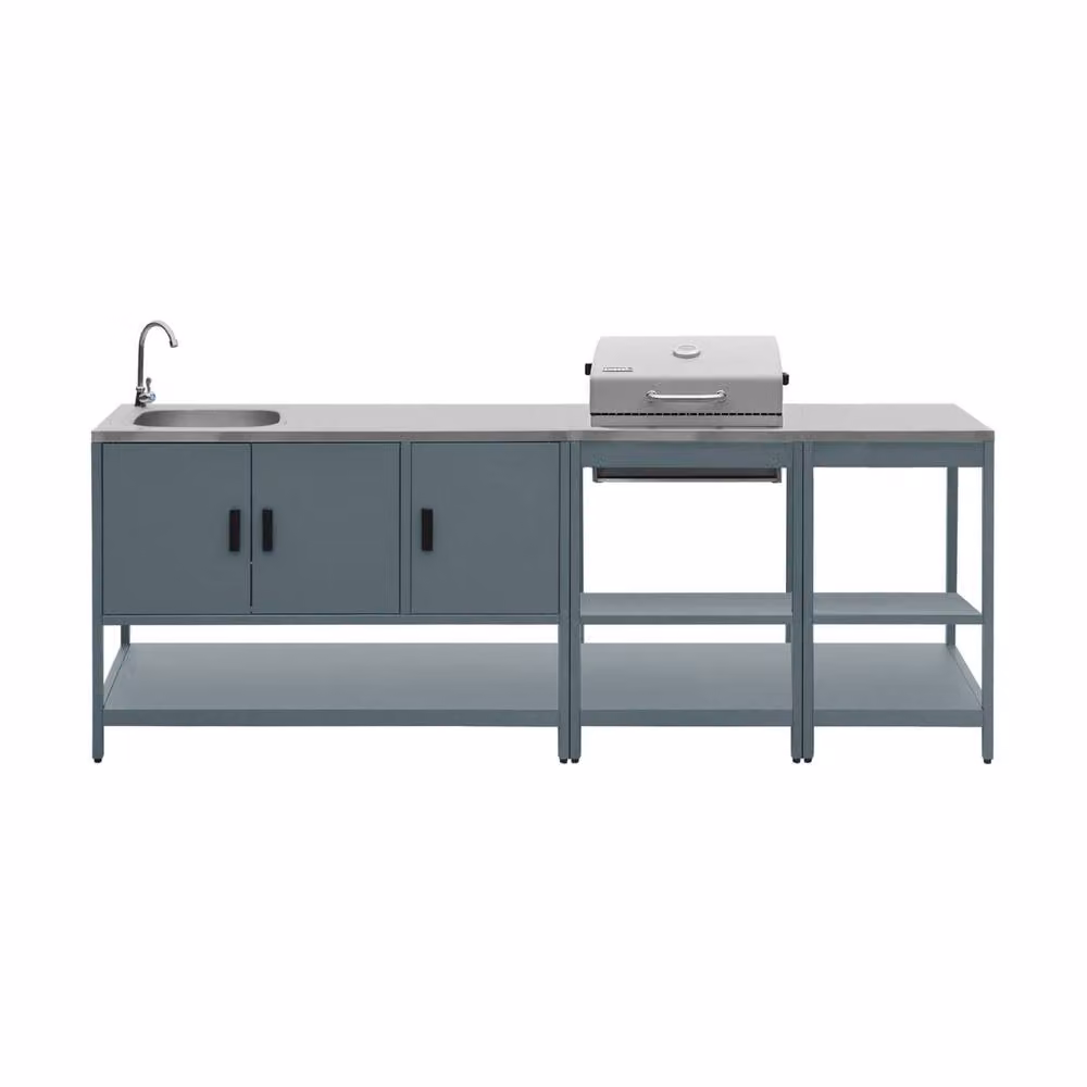 sweeek Outdoor Kitchen with Charcoal Barbecue and 3 Modules with Sink in Grey and Stainless Steel – 2