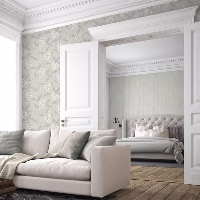 Belgravia Dcor Classic Floral Botanical Vinyl Wallpaper in Grey, Beige and Blue