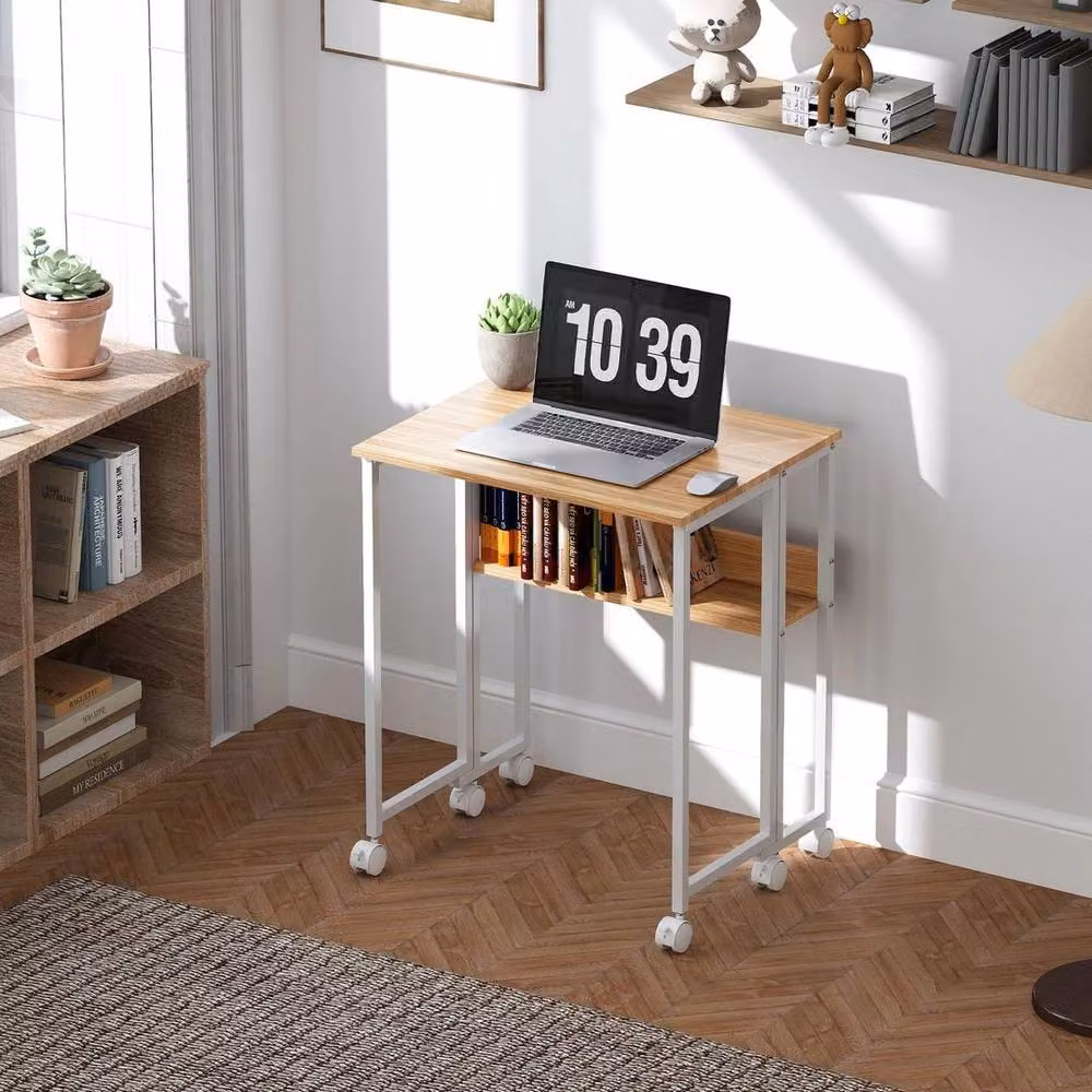 PAWNORA Brown Foldable Computer Desk with Drop Leaf and Castors, W: 100 cm, D: 15 cm, H: 63 cm – 3