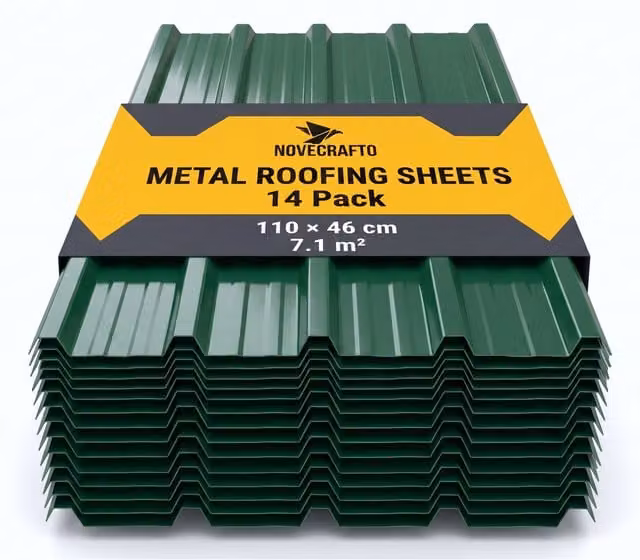 NOVECRAFTO Green Galvanised Corrugated Metal Roofing Sheets, 14 Pack, 7.1sqm