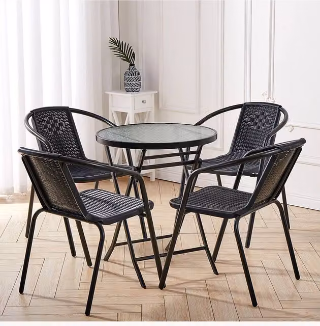 Living and Home Avondale 4 Seater Dining Set in Black with Glass, Rattan and Steel – 1