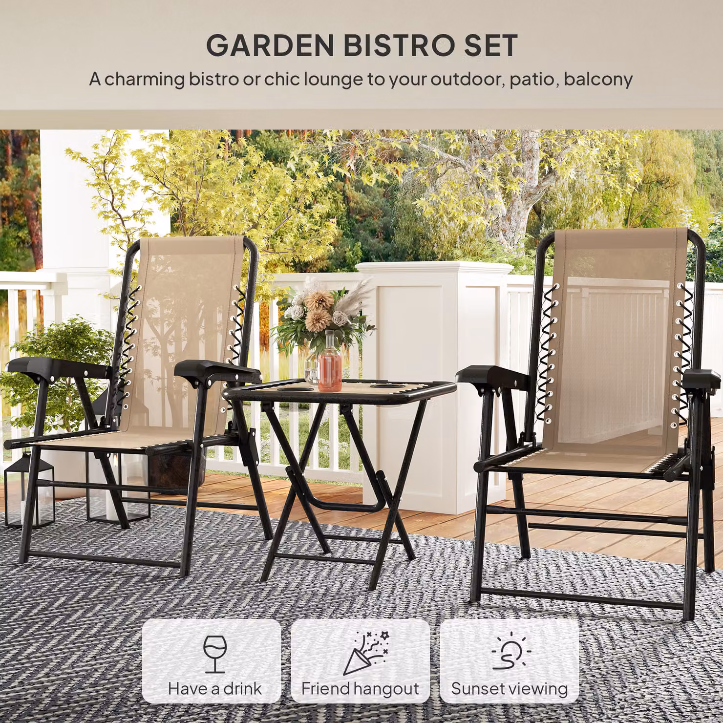Outsunny Three-Piece Modern Garden Table and Chair Set in Beige – 4