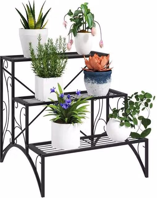 Nordara Black 3-Tier Metal Plant Stand for Garden, Balcony or Living Room, W/D/H: 100 x 15 x 15 cm