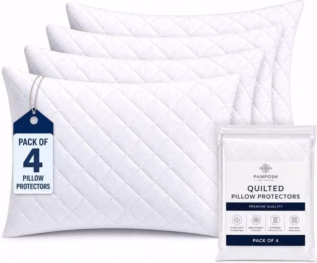 Lazzaro Home Pack of 4 Quilted Microfibre Pillow Protectors in White, Standard Size