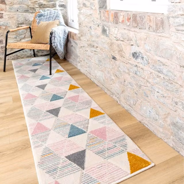 The Rug House Multicolour Pink Cream Pastel Diamond Geometric Carved Modern Rectangular Rug W: 240 cm, D: 60 cm