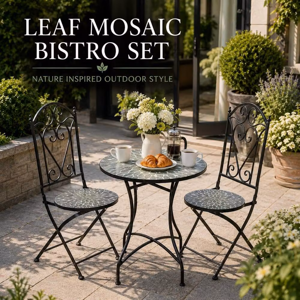 Shatchi Mosaic Bistro Set with Floral Ceramic Top Round Table and Folding Chairs in Multicolour – 4
