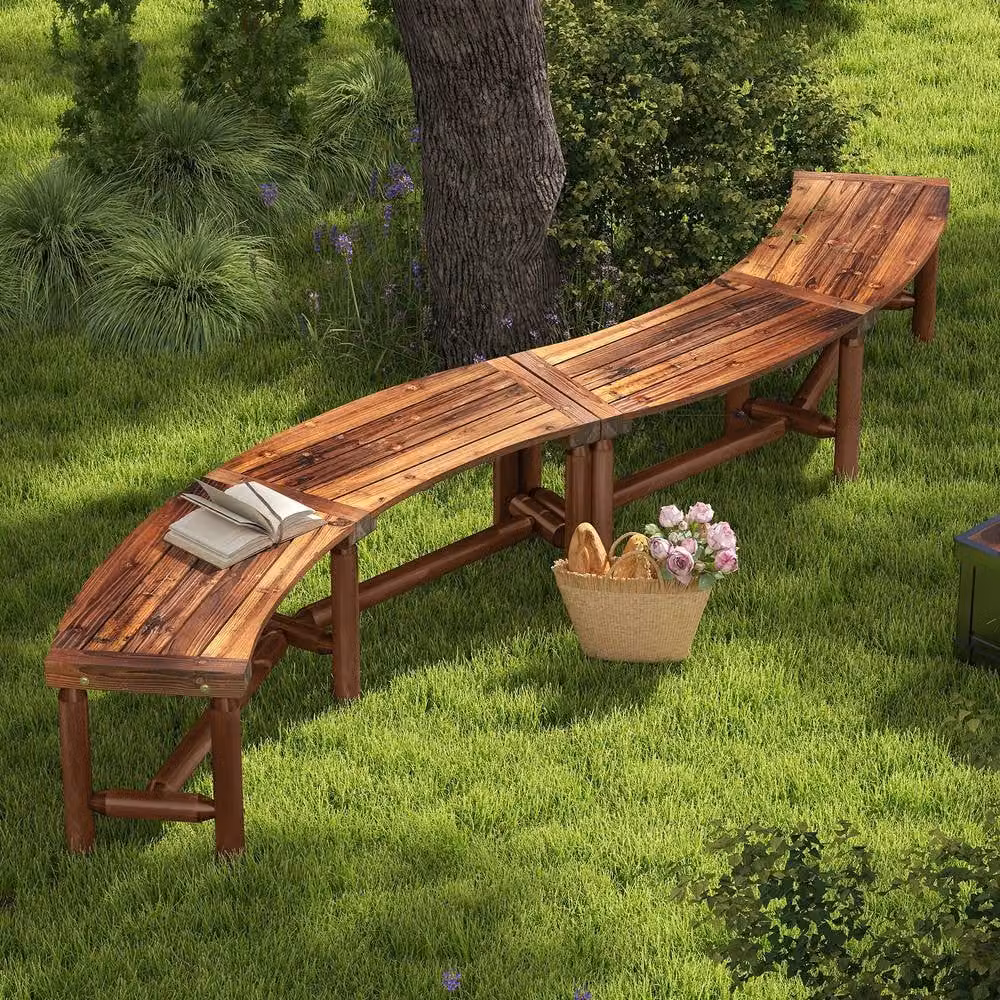 Costway Brown Solid Wood Curved Backless Patio Bench for 2-3 People – 5