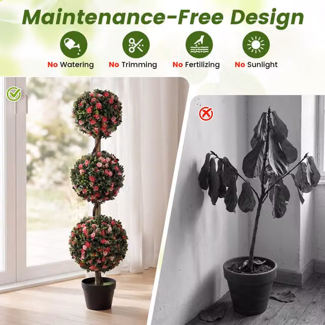 COSTWAY Artificial Rose Topiary Tree in Green and Pink with Round Concrete Base
