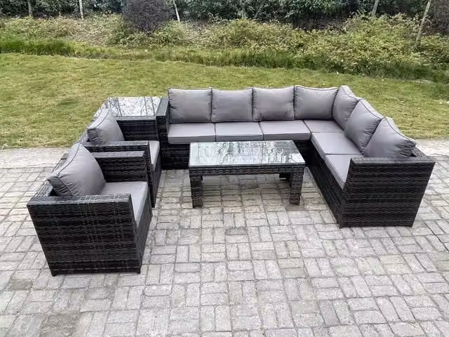 Fimous 8 Seater Rattan Corner Sofa Lounge Set with Rectangular Coffee Table and Side Table, Right Hand, Dark Grey