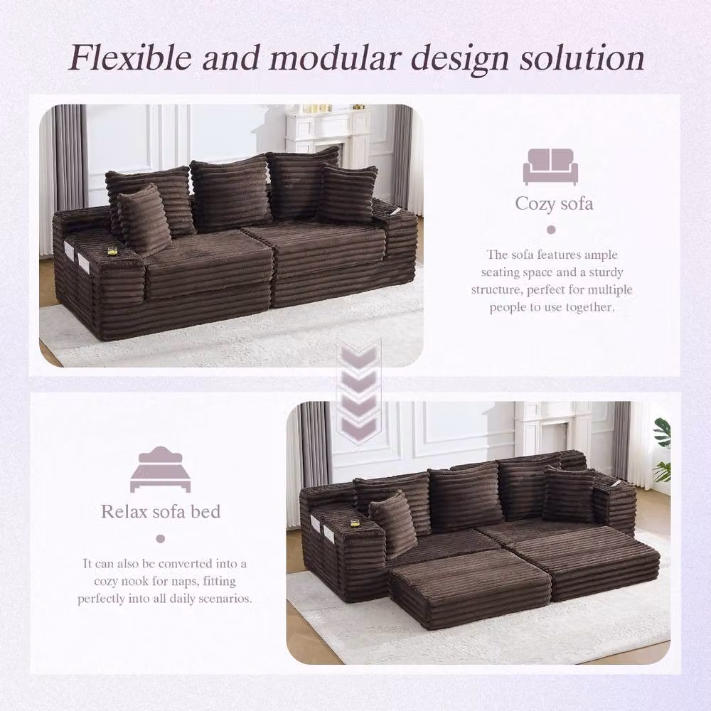 Rolipo Brown Corduroy Convertible Sleeper Sofa with Cup Holders and Storage Pockets, W/D/H: 140 x 190 cm – 5