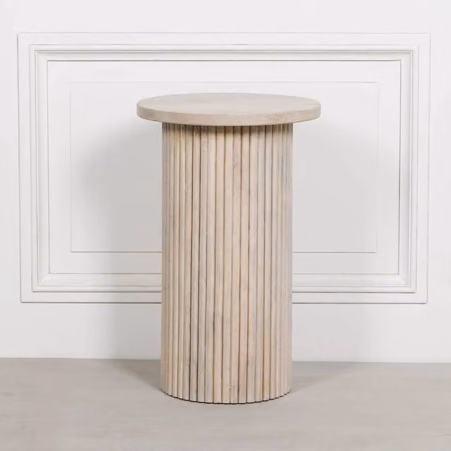 PAWNORA White Mango Wood Reeded Round Occasional Side Table, W/D/H: 38.0 x 38.0 x 60.5 cm