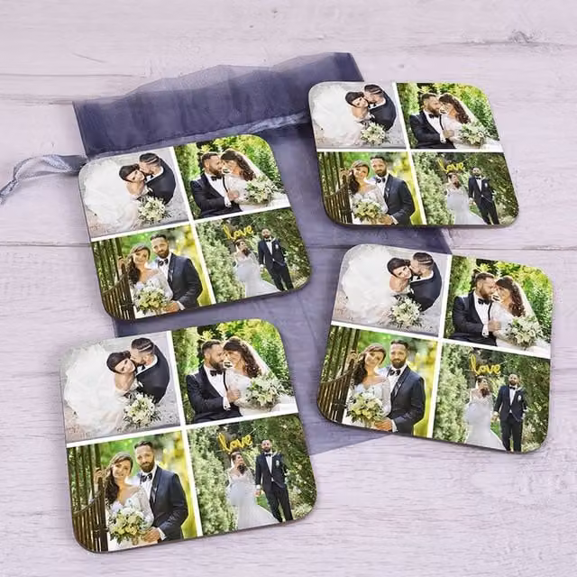 Uniqueful Personalised Square Hardboard Coasters with Four Photo Upload, Multicolour Wedding Gift for Couples