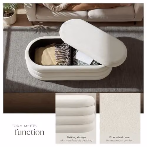 tectake Altu Storage Bench with Velvet or Bouclé Cover in Beige or White, W/D/H: 110 x 45 x 42 cm – 3
