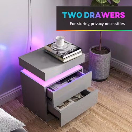HOMCOM Modern High Gloss Bedside Table with Integrated LED Lighting, Grey, W/D/H: 35 x 45 x 52 cm – 4